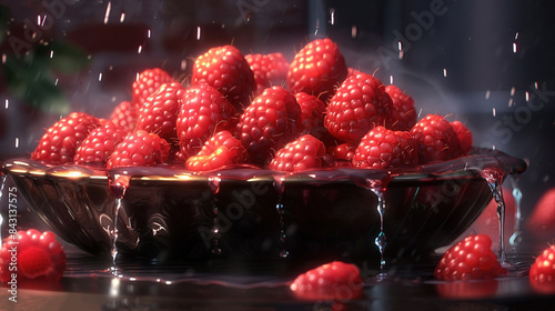  A bowl overflowing with vibrant red raspberries sits atop a table, its contents gently sloshing in water