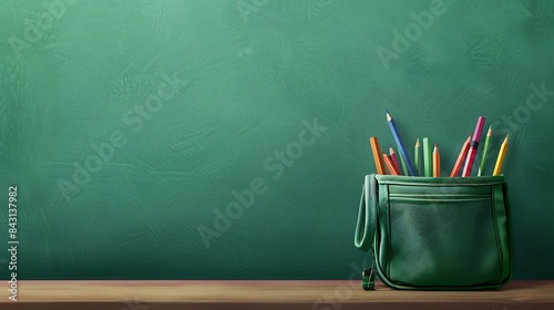A green pencil case illustration with a blackboard in the background corner for copy space