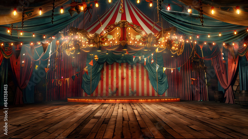 Escenario vacío de circo con luces y decoraciones
