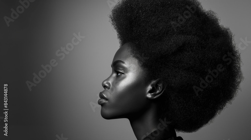 Vista de perfil de uma jovem africana com cabelo natural em um fundo monocromático