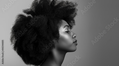Vista de perfil de uma jovem africana com cabelo natural em um fundo monocromático