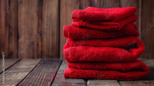 Pilha de toalhas vermelhas sobre uma mesa de madeira. Hospitalidade calorosa e conceito de design de interiores.