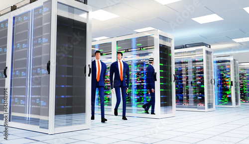 Business people monitoring server room working, supercomputers in glass covered racks with beautiful neon lighting, modern vibe. 3D rendering