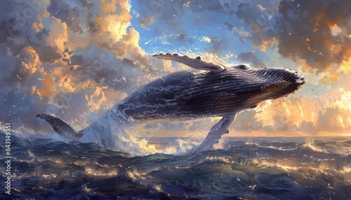 Majestic humpback whale leaping from the ocean, creating a dramatic splash, surrounded by the vast expanse of the open sea and a brilliant horizon