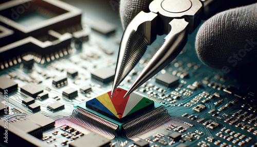 Precision engineering: Tweezers positioning a microchip adorned with the Seychelles flag on a circuit board, symbolizing Seychelles tech innovation