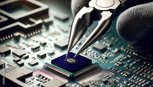 Precision engineering: Tweezers positioning a microchip adorned with the Kentucky flag on a circuit board, symbolizing Kentucky tech innovation