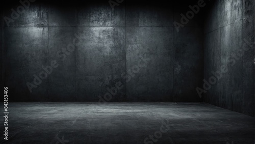 3D rendering empty old aged room or black concrete floor and wall. Dark and gray abstract cement wall and studio room.