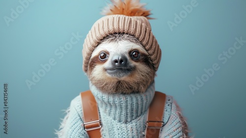 A cute and cuddly sloth wearing a brown and white striped beanie hat and a blue sweater with brown suspenders.