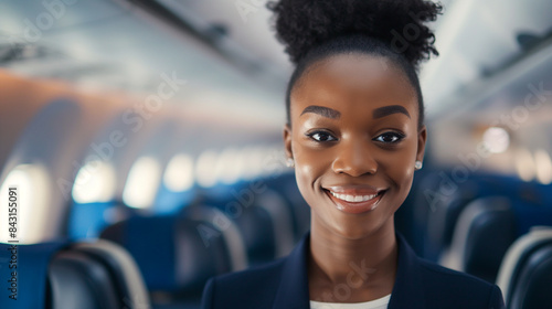 Retrato de uma linda aeromoça negra sorridente em um avião comercial