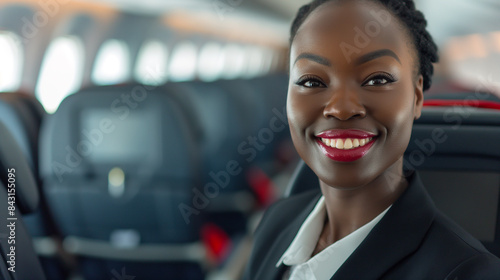 Retrato de uma linda aeromoça negra sorridente em um avião comercial