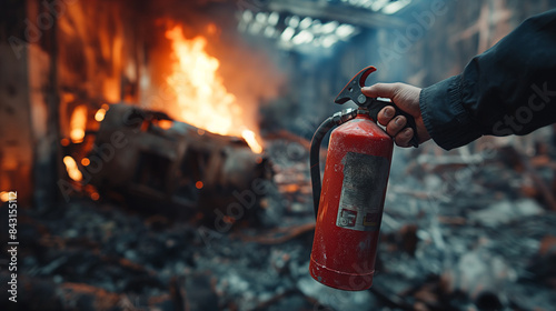 Mão de bombeiro segurando um extintor de incêndio Disponível em caso de danos de incêndio de fundo de emergência. conceito de segurança