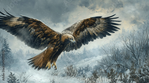 Uma majestosa águia dourada com asas abertas avistada no meio de uma caminhada em uma paisagem invernal