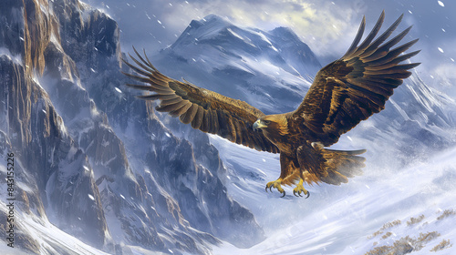 Uma majestosa águia dourada com asas abertas avistada no meio de uma caminhada em uma paisagem invernal