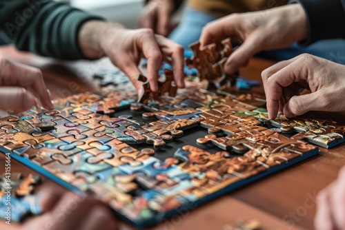 Group of people assembling a jigsaw puzzle on a wooden table. Close-up indoor photography. Teamwork and leisure activity concept for design and print.