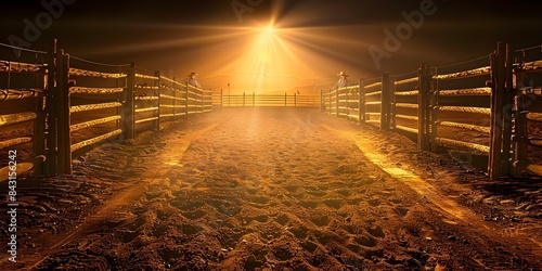 Rodeo Arena Wooden Fences, Sandy Ground, and Cowboy Competition Spotlight. Concept Rodeo Arena, Wooden Fences, Sandy Ground, Cowboy Competition, Spotlight