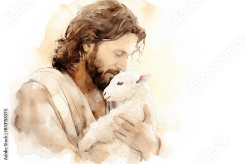 Shepherd Jesus Christ Taking Care of One Missing Lamb Watercolor Illustration Isolated 