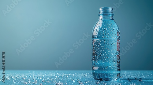 Glass Bottle with Droplets Over Blue Background - A Symbol of Purity and Refreshment