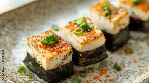 Quatro pedaços de sushi de tofu (arroz de soja crocante) no prato e chão claro