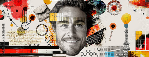 Man's world, portrait of handsome man, collage style illustration, Contemporary artwork background, geometric shapes, paper cutouts, patches, paint strokes representing thinking and dreaming activity