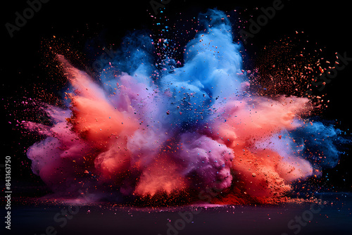 Colored powder explosion isolated on black background