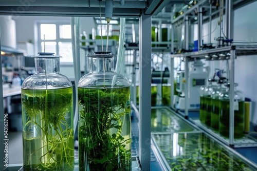 Biofuel production from algae in a laboratory, showing bioreactors and processing equipment