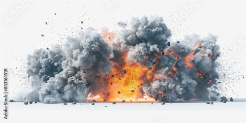 An explosive scene with vibrant flames and heavy smoke, showcasing the sheer power and destruction of the blast. Debris is propelled outward, highlighting the intensity of the explosion.