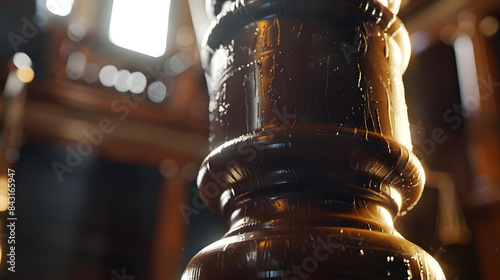 Close up of a wooden judge or auctioneers gavel with a brass band on a wooden base for delivering judgement