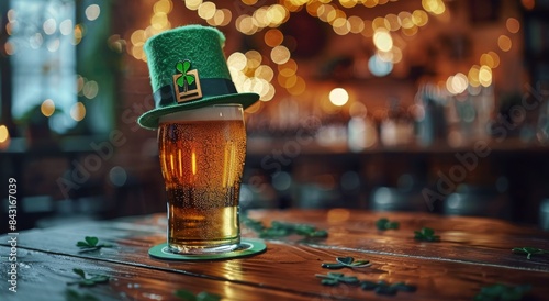 A Glass of Beer Wearing a Leprechaun Hat on a Bar Countertop