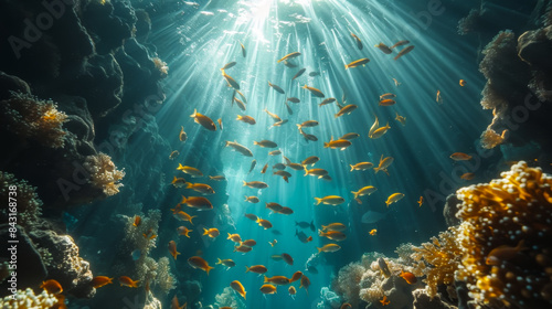 Schools of fish swim near coral reefs. A large group of sardines swim in the open sea. Nature and food concept.