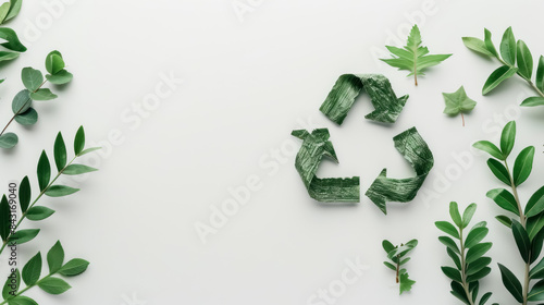 eco-friendly green recycling symbol made of leaves on a clean white background, with copy space for text