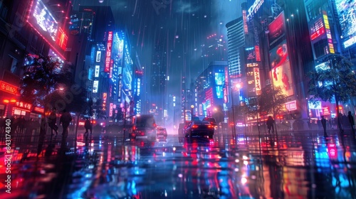 A city street with a car driving down it. The street is wet and the lights are on