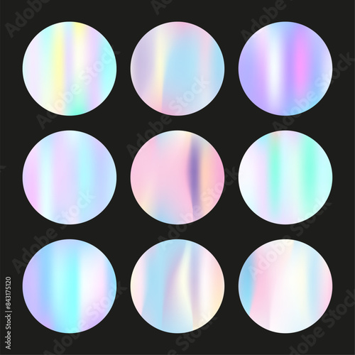 Gradient round set with holographic mesh. Abstract hologram. Creative gradient round set. Minimalistic 90s, 80s retro style graphic template for brochure, banner, wallpaper, mobile screen.