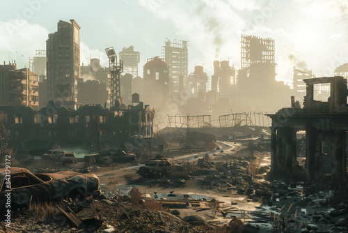 Post-apocalyptic cityscape with dilapidated buildings and desolate atmosphere. Generative AI. 