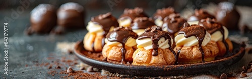 Delectable Cream Puffs with Dripping Chocolate on Dark Background - Food Photography from a Bakery