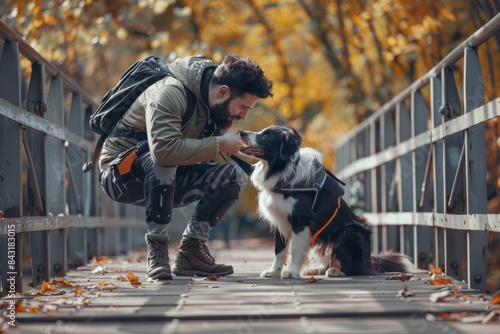 An adult athlete with an amputated arm bends down to pet his dog on an outdoor bridge. The man strokes the muzzle of a border collie. Canicross concept. Activities with animals 