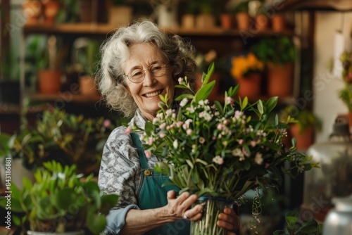 Cheerful flower arranger taking care of a plant in her shop 