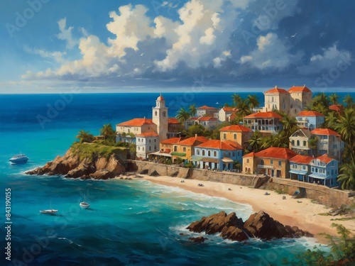 Enchanting depiction of a quaint seaside town nestled along the Caribbean Sea in an oil painting illustration.