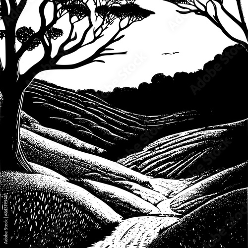 Vintage Retro Black and White Landscape Linocut Engraving Blockfront. Illustration of nature. Tree, Valley Hill Plantation and mountains linocut.