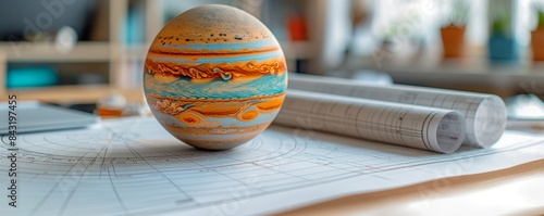 3D Jupiter globe on a work desk with plans
