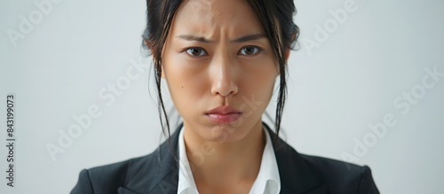 Angry Japanese Woman in Business Casual on White Background with Intense Expression