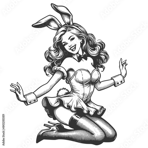 cheerful bunny girl in a playful pose, wearing a corset, bunny ears sketch engraving generative ai fictional character vector illustration. Scratch board imitation. Black and white image.