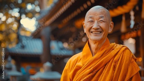 An elderly Buddhist monk, in traditional orange robes, smiles brightly in a historic temple setting, depicting serenity and devotion