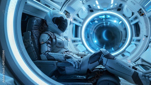 A futuristic astronaut in a high-tech space habitat resting before a mission, embodying the essence of space exploration