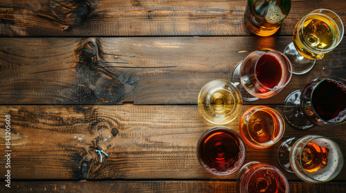 Variety of alcoholic drinks on a rustic wooden background