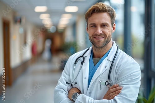 A confident medical professional wearing a white lab coat and stethoscope standing in a bright, modern hospital corridor, conveying trust and expertise in healthcare