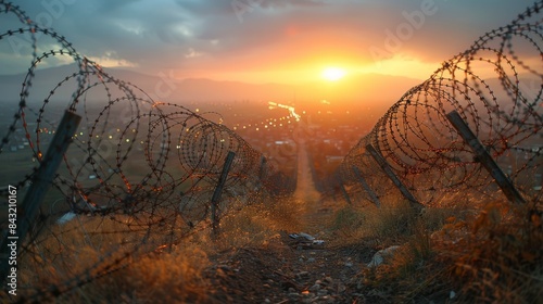 A breathtaking sunset view through barbed wire fence, capturing the mesmerizing beauty of the glowing horizon in a hazy, mountainous landscape during twilight