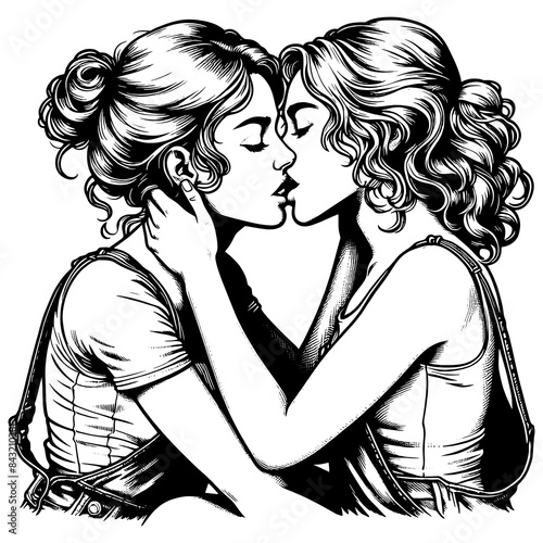 two women in retro fashion, embracing and sharing a kiss, a moment of affection sketch engraving generative ai fictional character PNG illustration. Scratch board imitation. Black and white