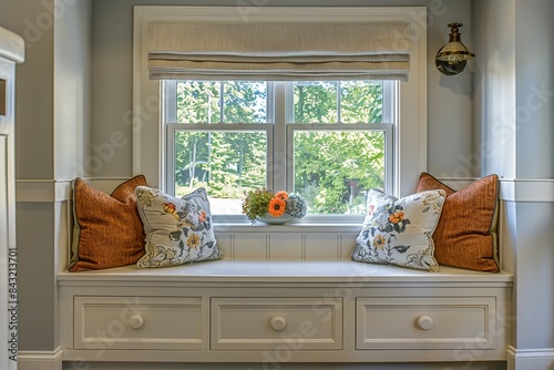A charming window seat nook complete with custom trim work and built in storage providing the perfect spot for relaxation and reading