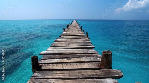 A lengthy wooden bridge across the ocean