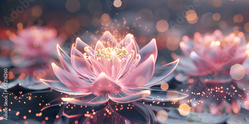  The image shows a pink lotus flower in full bloom, with a radiant glow emanating from its center, set against a bokeh background.